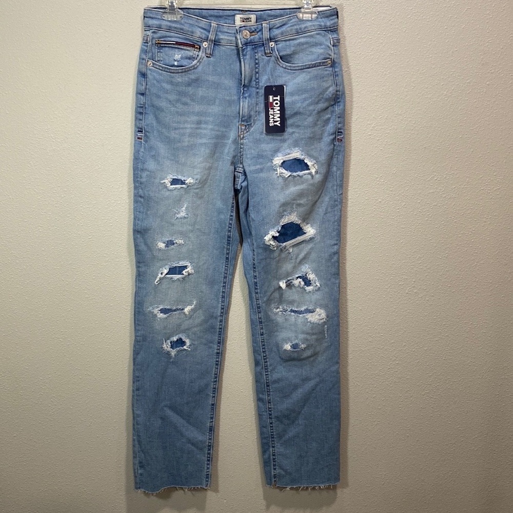 Tommy Hilfiger jeans straight high rise distressed patched‎